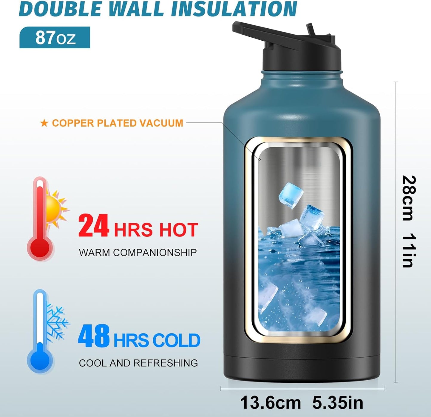 40oz Insulated Water Bottle (Cold for 48 Hrs),BPA Free&Leak Proof,Stainless Steel Water Flask,Water Jug with Straw Spout Lids for Gym,Hiking,Travel,Black Blue