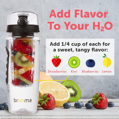 Brimma Fruit Infuser Water Bottle - 32 oz Large, Leakproof Plastic Fruit Infusion Water Bottle for Gym, Camping, and Travel