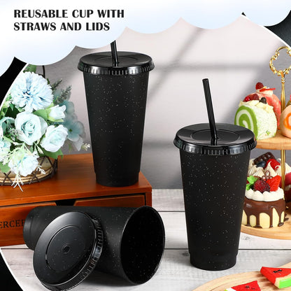 Uiifan 6 Pcs 24 oz Reusable Tumbler with Lids and Straws Plastic Iced Coffee Tumbler Glitter Travel Mug Cup for Smoothie Juices Birthday Party Cold Drink Coffee Cup Bulk for Adult Kid Women (Clear)