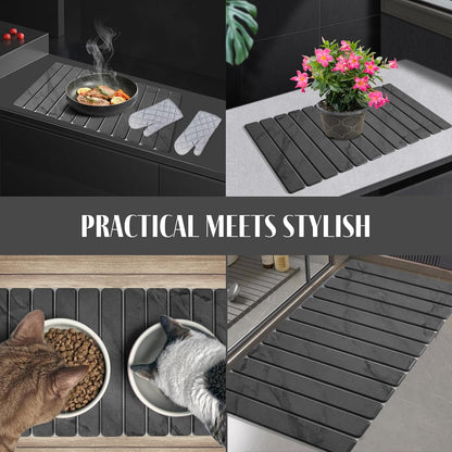 Extra Large Stone Dish Drying Mat for Kitchen Counter, Foldable Quick Dry Dish Drying Mats, Absorbent Diatomaceous Earth Stone Drying Mats for Plate Rack Bottles Cups (Gray Marble 28"×16" & 8"x4")