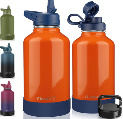 CIVAGO 32 oz Insulated Water Bottle With Straw, Stainless Steel Sports Water Cup Flask with 3 Lids (Straw, Spout and Handle Lid), Wide Mouth Travel Thermal Mug, Black