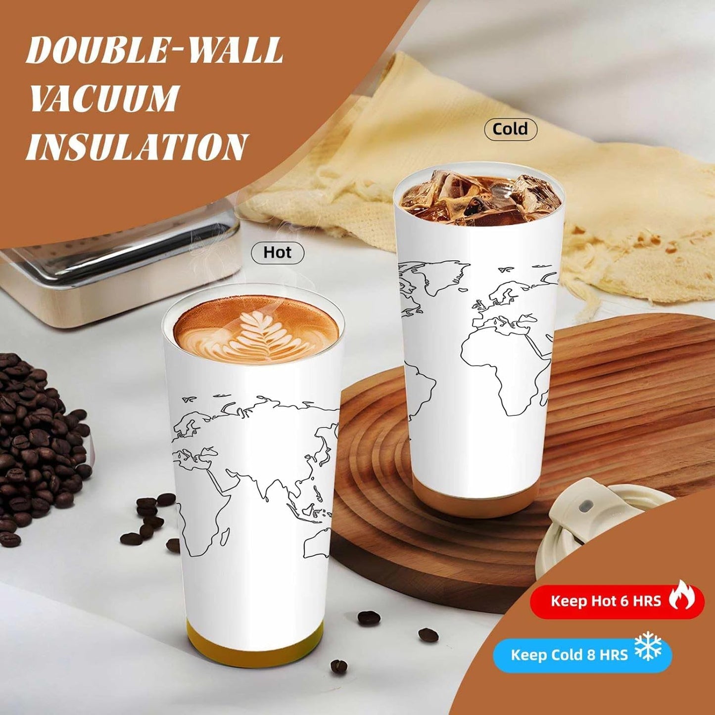 Premium 316 Stainless Steel Tumbler,Map BPA Free Insulated Travel Mug Leak Proof Lid & Straw for Commute, Road Trip, Daily Use (Black White, 18oz)