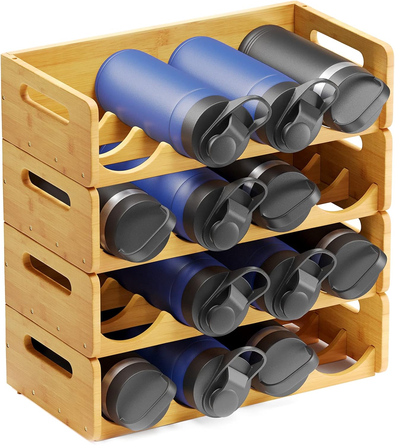 SpaceAid Bamboo Water Bottle Organizer with Labels, Kitchen Pantry Water Bottle Storage Rack for Cabinets, Home Cup and Wine Bottle Holder Shelf Organizers, 2 Pack 4-Slot, Hold 8 Bottles