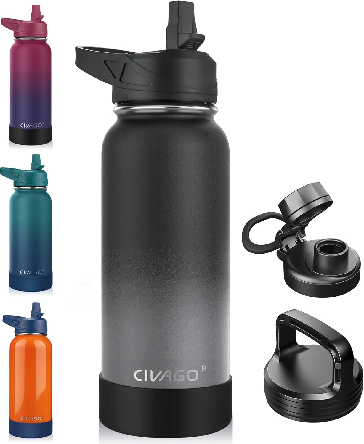 CIVAGO 32 oz Insulated Water Bottle With Straw, Stainless Steel Sports Water Cup Flask with 3 Lids (Straw, Spout and Handle Lid), Wide Mouth Travel Thermal Mug, Black