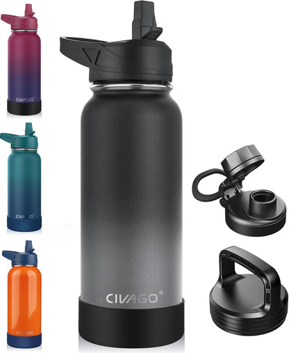 CIVAGO 32 oz Insulated Water Bottle With Straw, Stainless Steel Sports Water Cup Flask with 3 Lids (Straw, Spout and Handle Lid), Wide Mouth Travel Thermal Mug, Black
