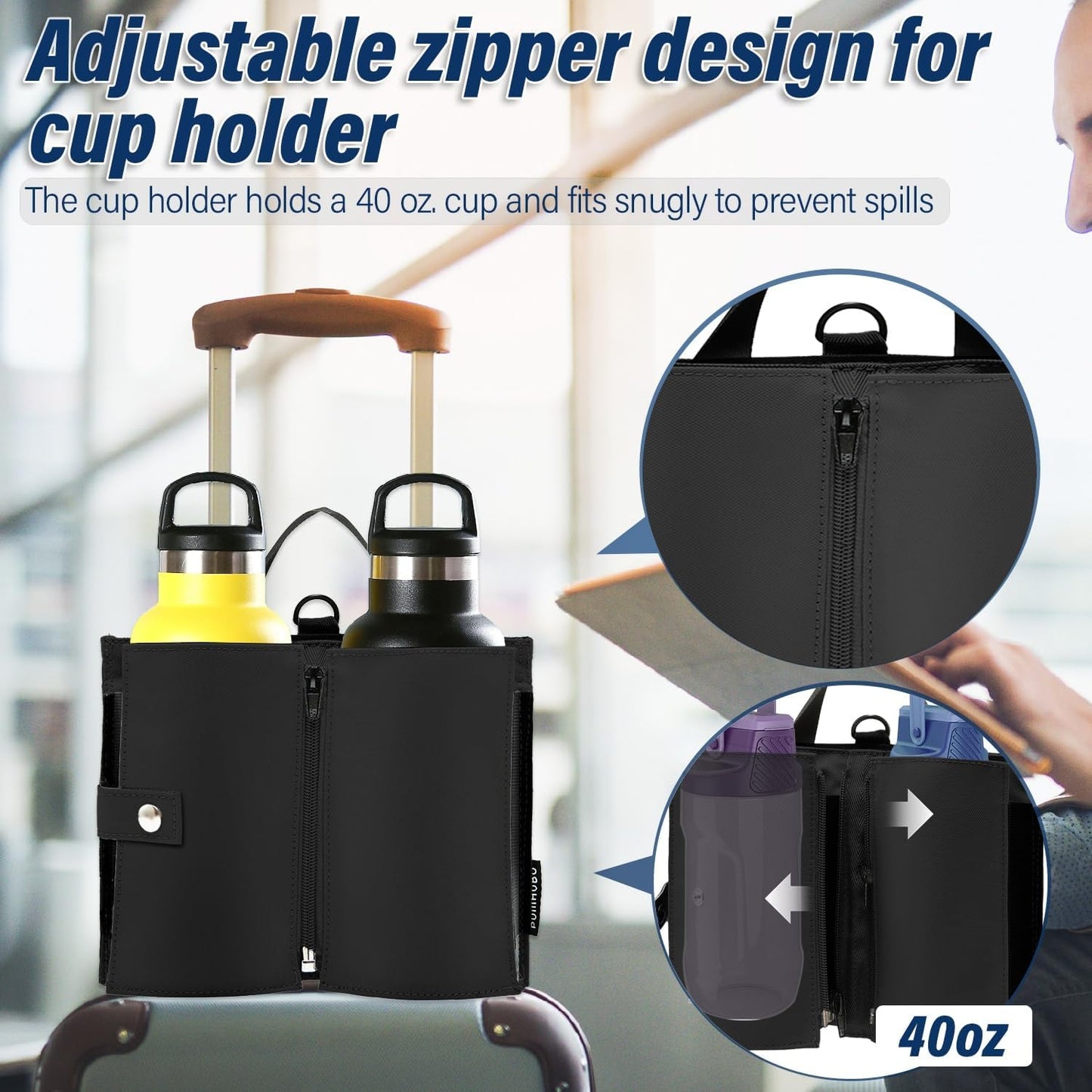 Luggage Cup Holder for Suitcases, Portable Foldable Travel Cup Holder with Handle and Hook, Luggage Drink Holder for Two Coffee Cups,Gift for Flight Attendants