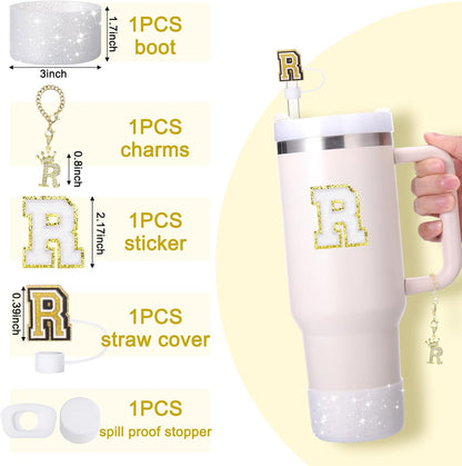 Mity Rain 6pc Cup Accessories Set for Stanley 30 oz & 40 oz Tumbler with Handle, Including Straw Cover Cap, Cup Initials Charm, Silicone Boot, Round & Square Spill Proof Stopper