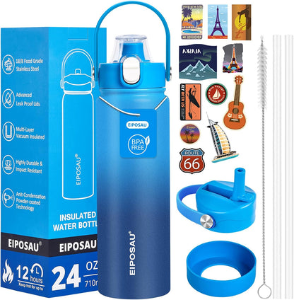 Insulated Water Bottle with Lid & Boot & Stickers, 24 oz Stainless Steel Sweat Free Bottle Keep Cold 24H, BPA-Free Sports Wide Mouth Water Bottle, BlueBlack