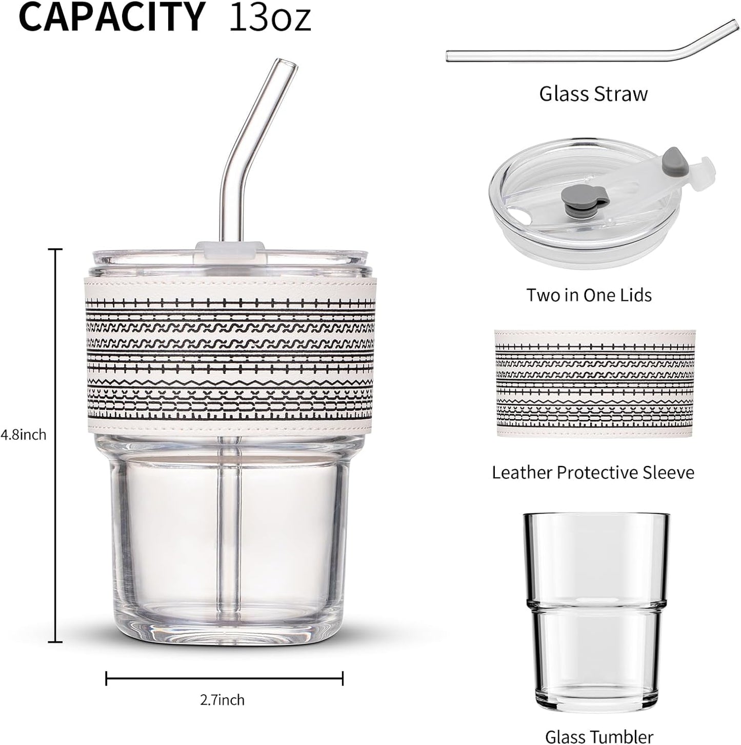 BLUEPOLAR 13oz/400ml Glass Water Tumbler with Straw and Lid Sealed Carry On Thick Wall Iced Coffee Cup Glass Cup for Water, Iced Tea Fruit Juice Etc (White-2Pack)