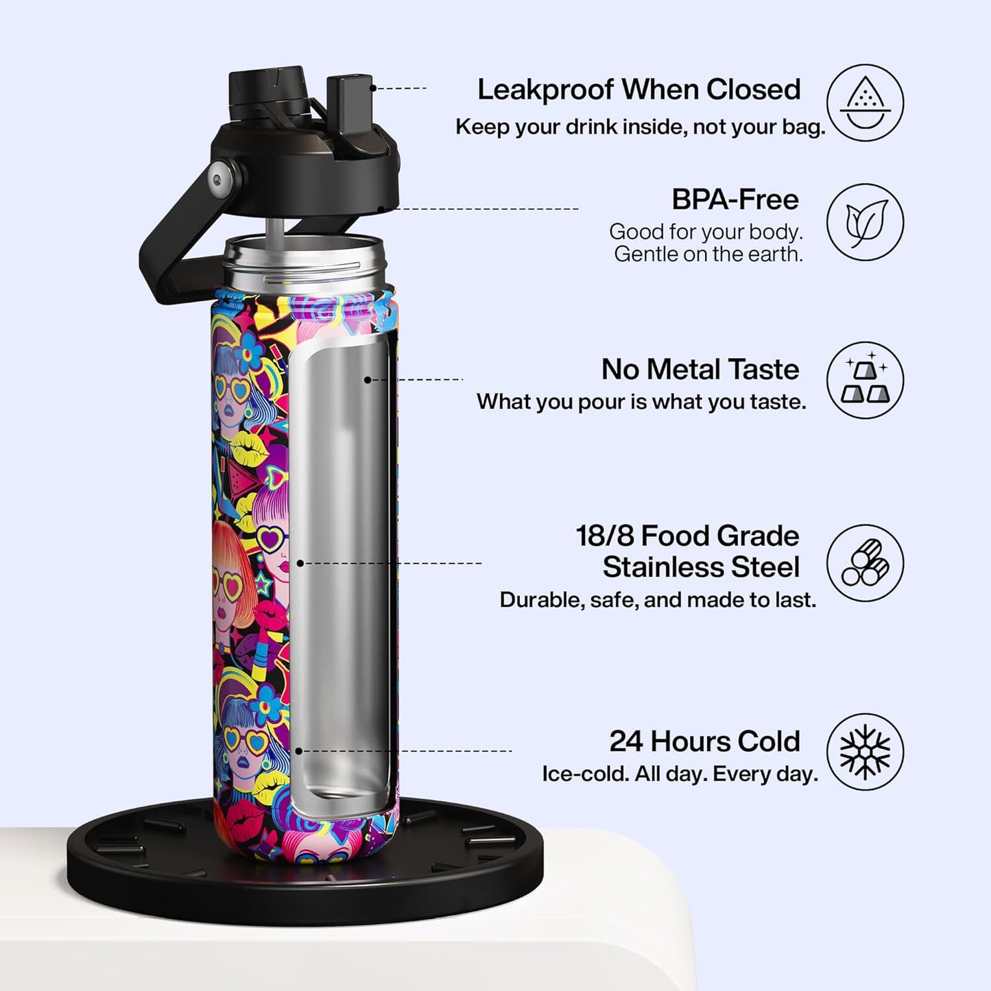 ENCOOL Insulated Water Bottle with Straw Stainless Steel Water Bottle, Leak-Proof, BPA-Free, Double Wall Vacuum Keeps Cold for 24 Hours for Sports, Travel, School (26 oz, Cotton Candy) - Colors C