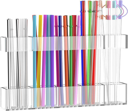9.5” Large Acrylic Straw Holder for Cabinet Door, Reusable Adjustable Two-Part Straws Organizer with Ultra Sticky Adhesive Strips, 2026 Straw Storage for Kitchen Cupboard (Transparent)