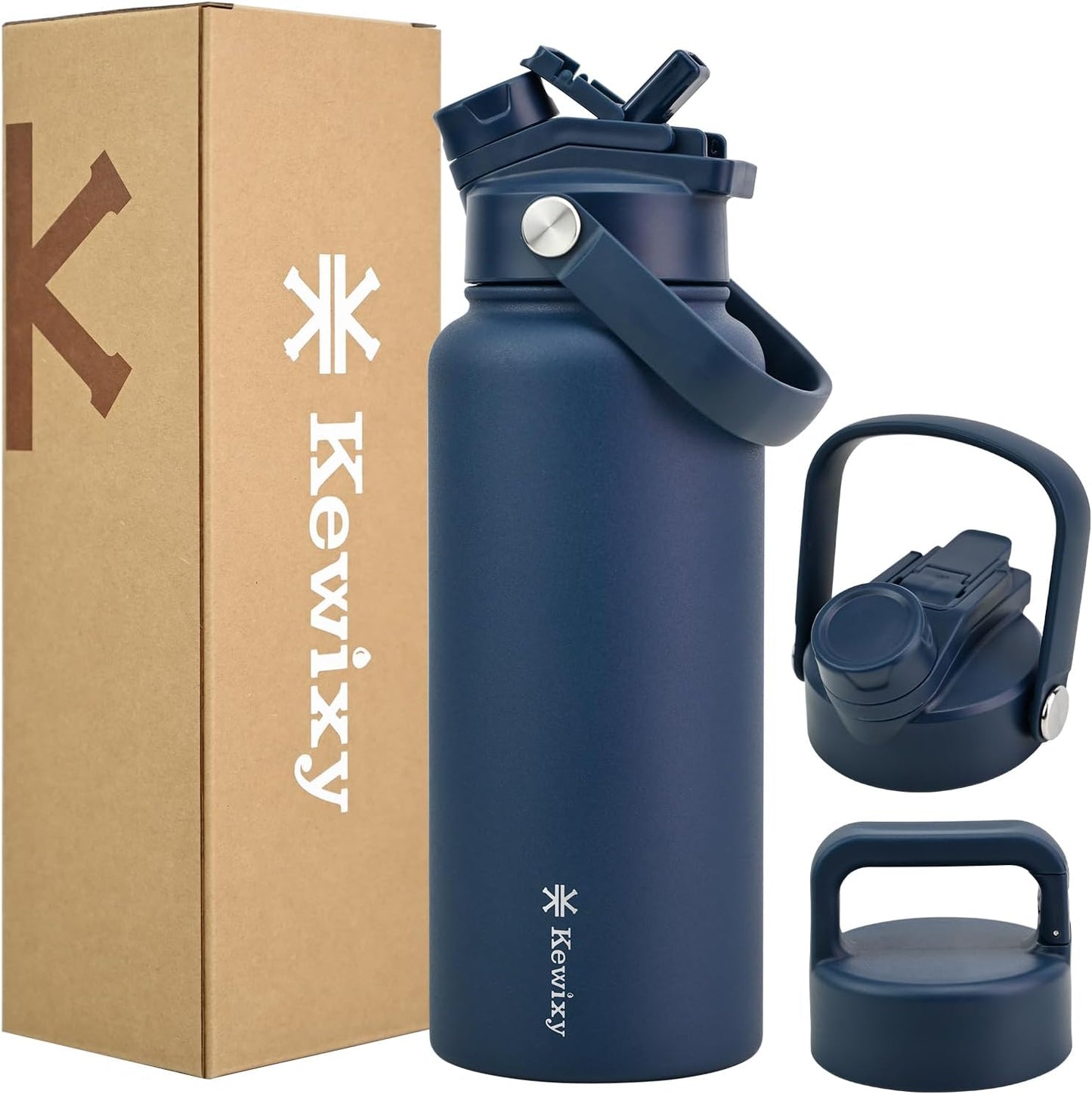KEWIXY 32 oz Insulated Water Bottle, 2-in-1 Lid, Straw & Spout with Protected, Leak Proof, Keep Cold, Stainless Steel, Metal, Reusable, Handle, for Outdoor, Gym and School, 2 Lids, Blush Pink
