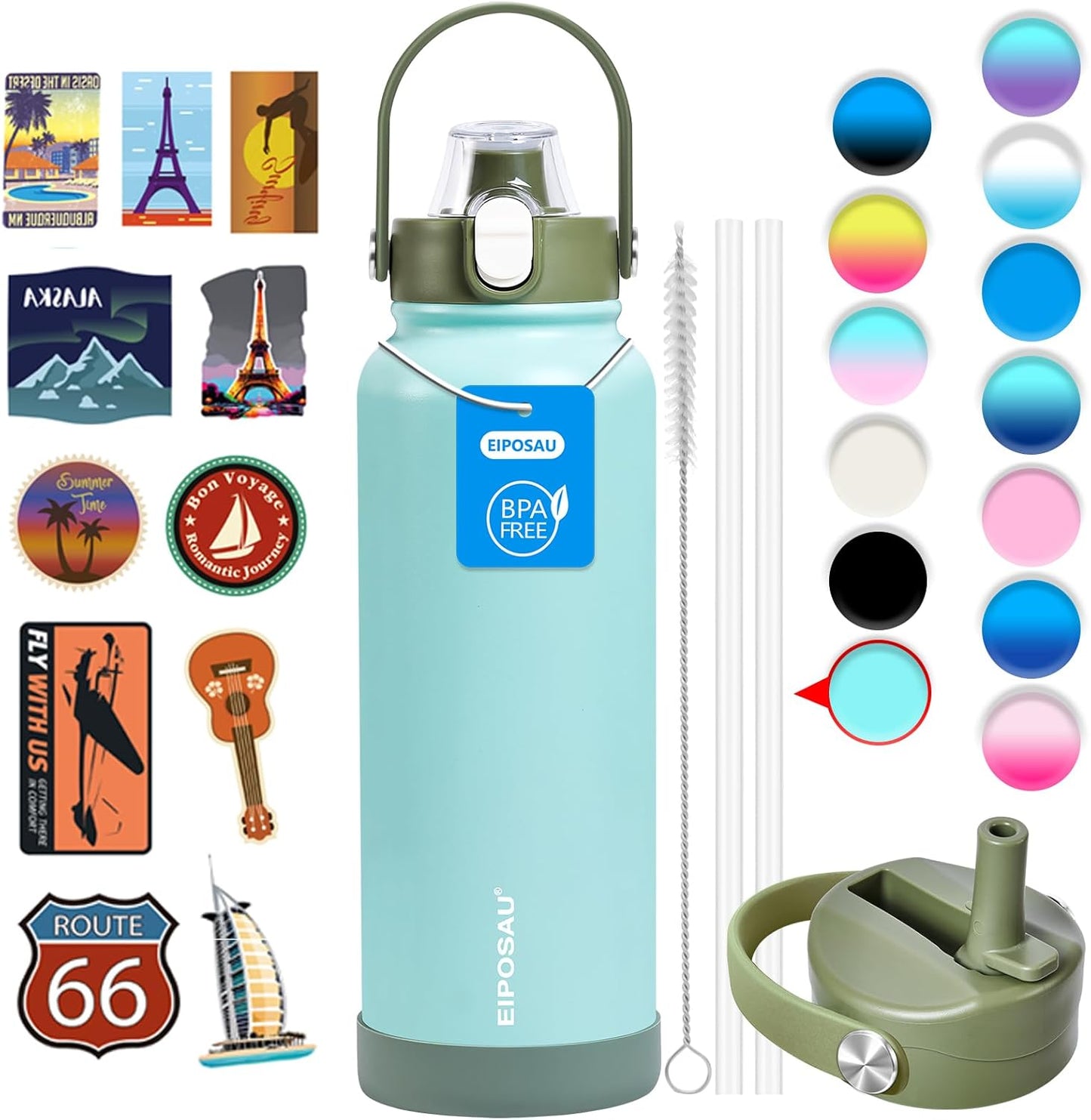 Insulated Water Bottle with Lid & Boot & Stickers, 24 oz Stainless Steel Sweat Free Bottle Keep Cold 24H, BPA-Free Sports Wide Mouth Water Bottle, BlueBlack