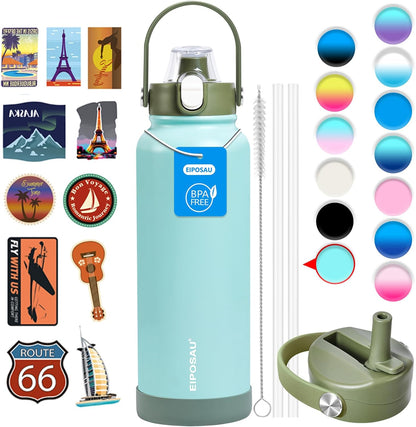 Insulated Water Bottle with Lid & Boot & Stickers, 24 oz Stainless Steel Sweat Free Bottle Keep Cold 24H, BPA-Free Sports Wide Mouth Water Bottle, BlueBlack