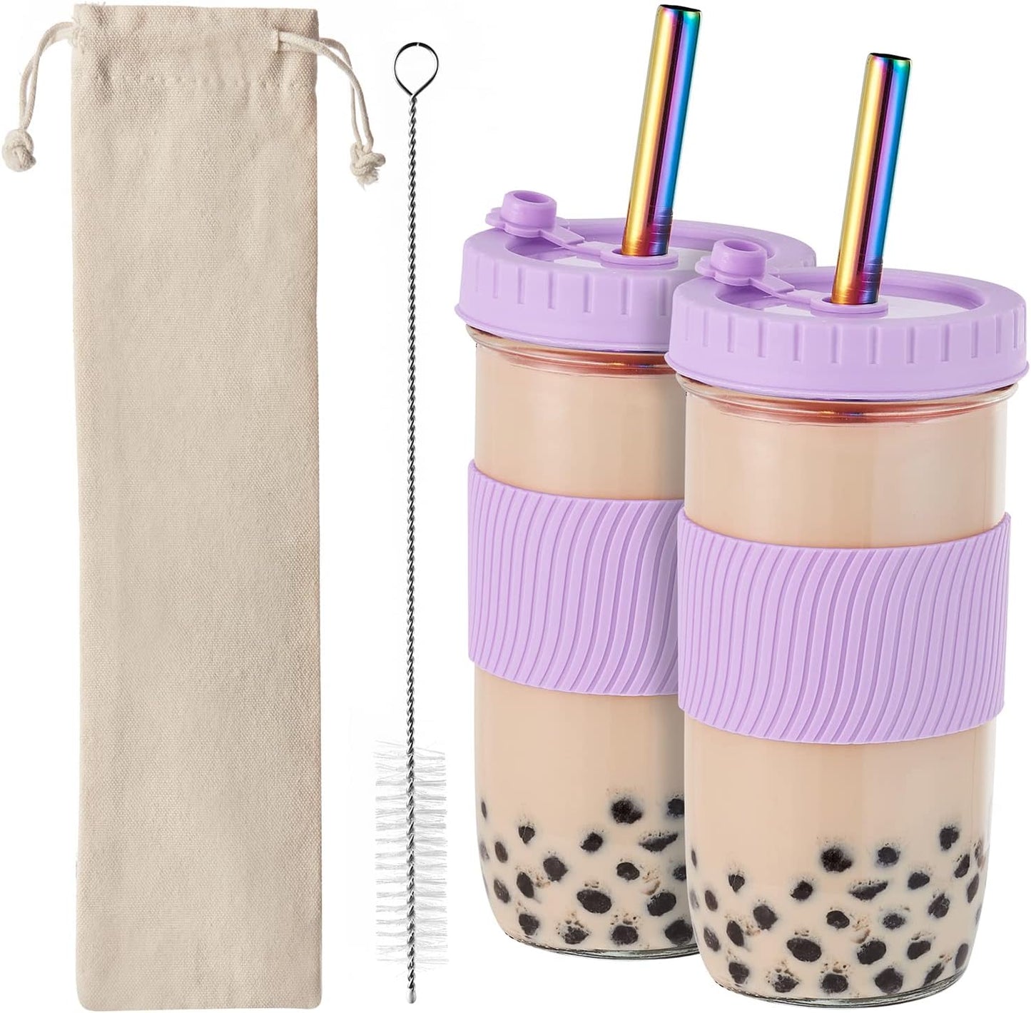 Amyoole 2 Pack Reusable Boba Cup, 24Oz Wide Mouth Smoothie Cup,mason Jar Glass Cups with Lids and Straws,Bubble/Boba Tea Cups,Ice Coffee Tumbler 2 colored straws 1 sponge brush(Pink)