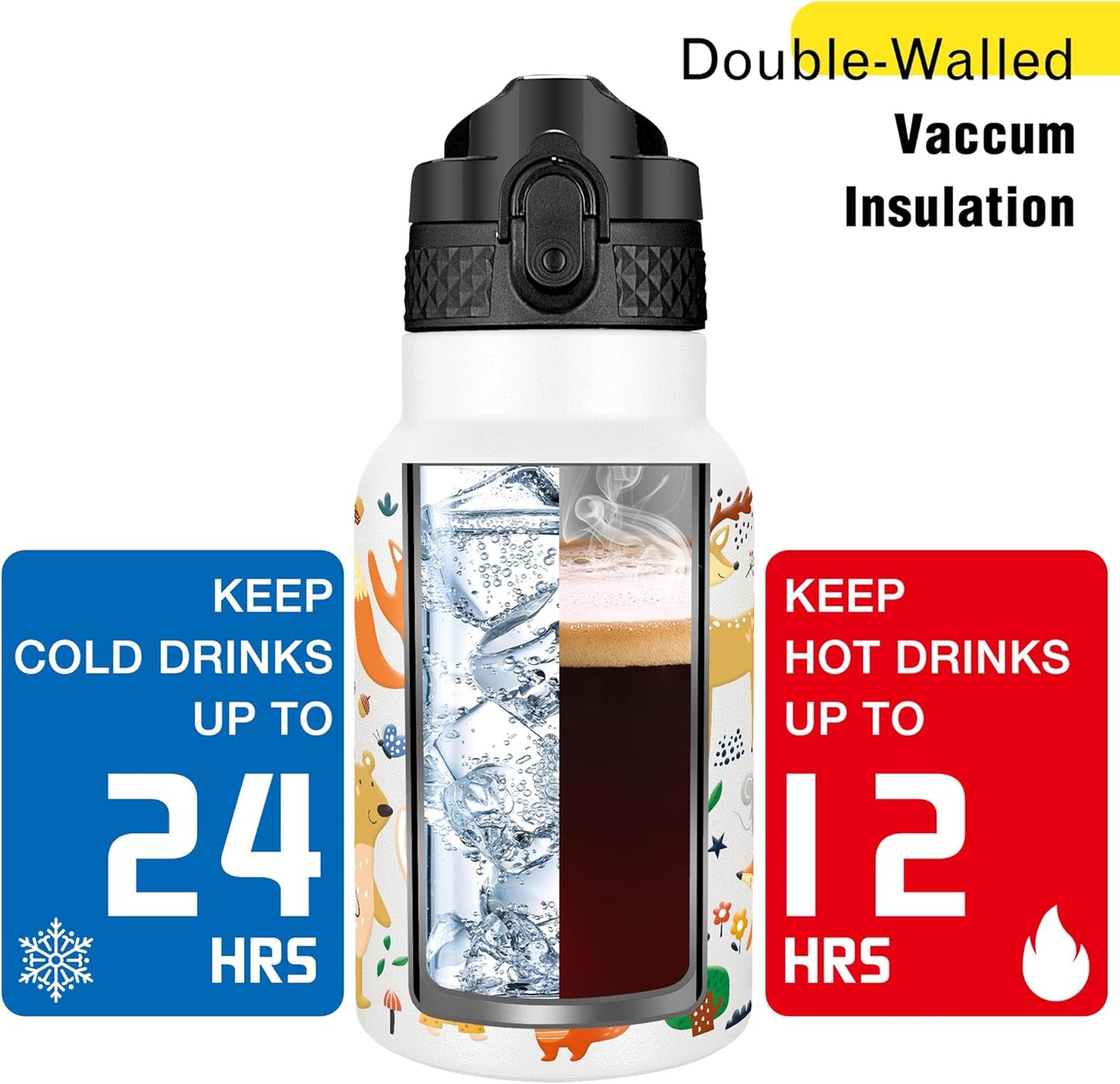 Han's Bottle Sports Water Bottle - 24 Oz, Straw Lid, Leak Proof, Vacuum Insulated Stainless Steel, Double Walled, Thermo Mug,Black
