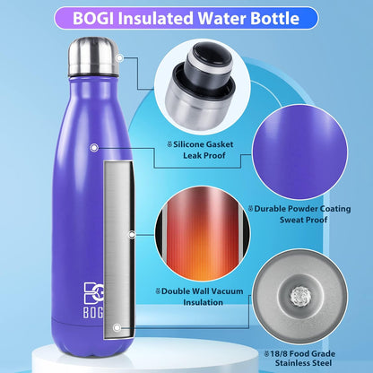 BOGI 17oz Insulated Water Bottle Double Wall Vacuum Stainless Steel Water Bottles, Leak Proof Metal Sports Water Bottle Keeps Drink Hot and Cold - Perfect for Outdoor Sports Camping Biking (Purple)