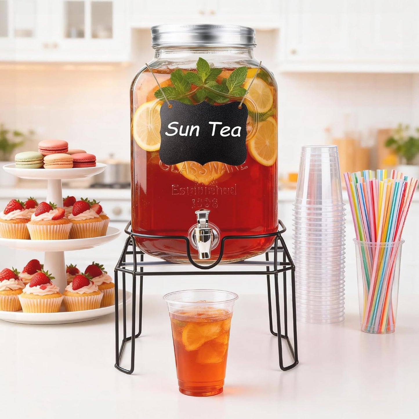 1 Gallon Glass Drink Dispensers For Parties-Set of 2,Drink Dispenser with Fruit Infuser & Stand,Juice or Beverage Dispenser for BBQ, Picnic, Party,Laundry Detergent Dispenser