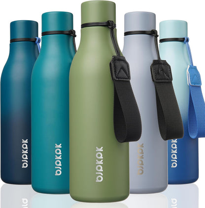 BJPKPK Insulated Water Bottles, 18 oz Stainless Steel Metal Water Bottle with Strap, BPA Free Leak Proof Jugs, Mugs, Flasks, Reusable Thermal Flasks for Sports & Travel, Black - Colors A