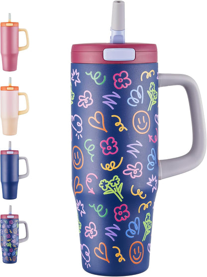 Fijinhom 32 oz Tumbler with Handle, 304 Stainless Steel Insulated Water Bottle Keeps Cold 24 Hours, Water tumbler with flip straw, Insulated Coffee Mug, Travel Cup for Sports & Gifts, Honey Peach