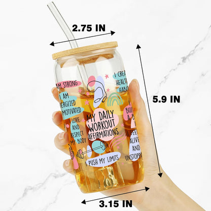 Birthday Gifts for Women Friendship, Christmas Inspirational Gifts for Friends, 16 Oz Drinking Glass Cups Tumbler W Lids Straws - Positive Daily Workout Affirmations Iced Coffee Cups, Christmas Gift