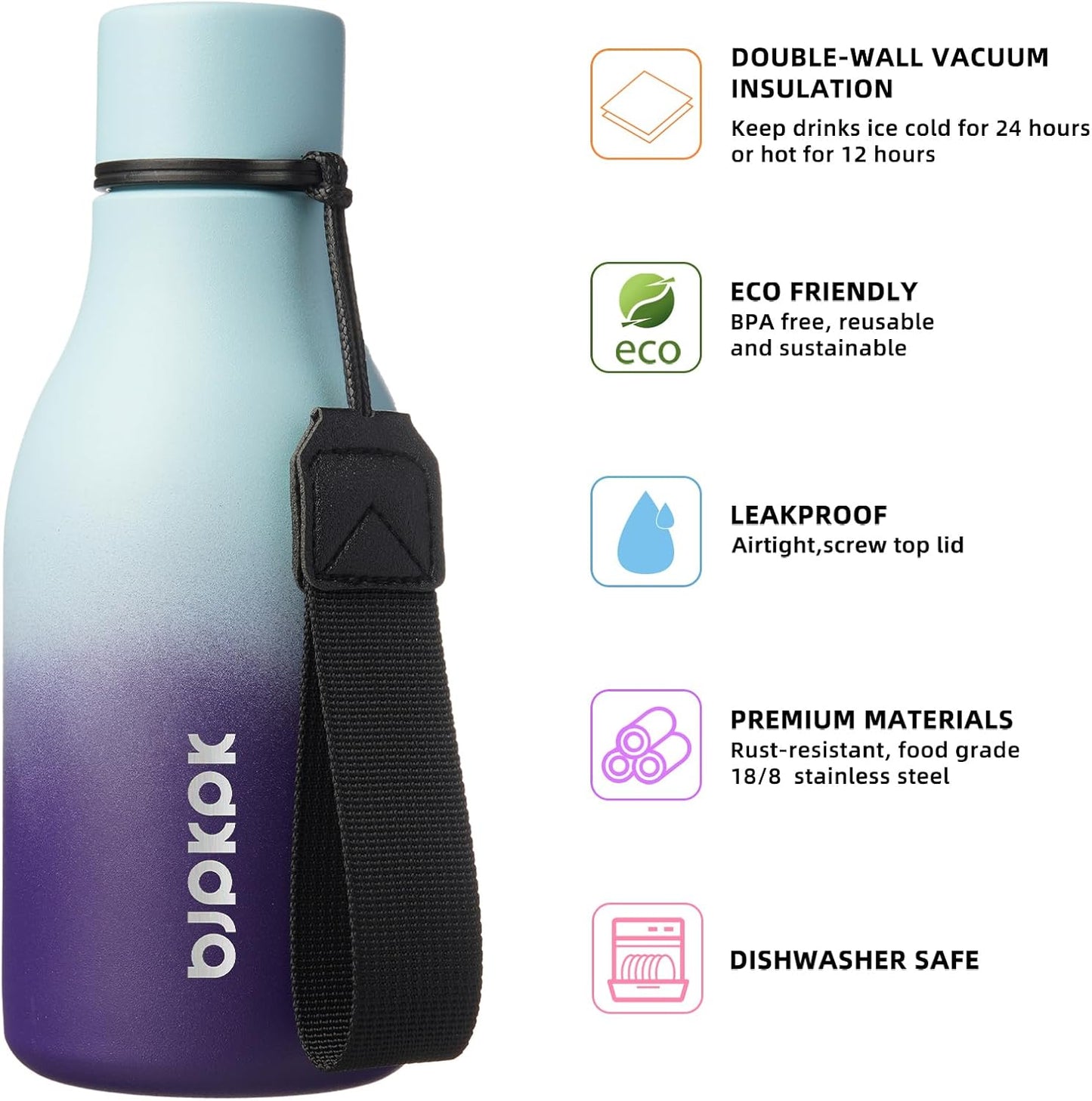 BJPKPK Insulated Water Bottles, 18 oz Stainless Steel Metal Water Bottle with Strap, BPA Free Leak Proof Jugs, Mugs, Flasks, Reusable Thermal Flasks for Sports & Travel, Black - Colors B