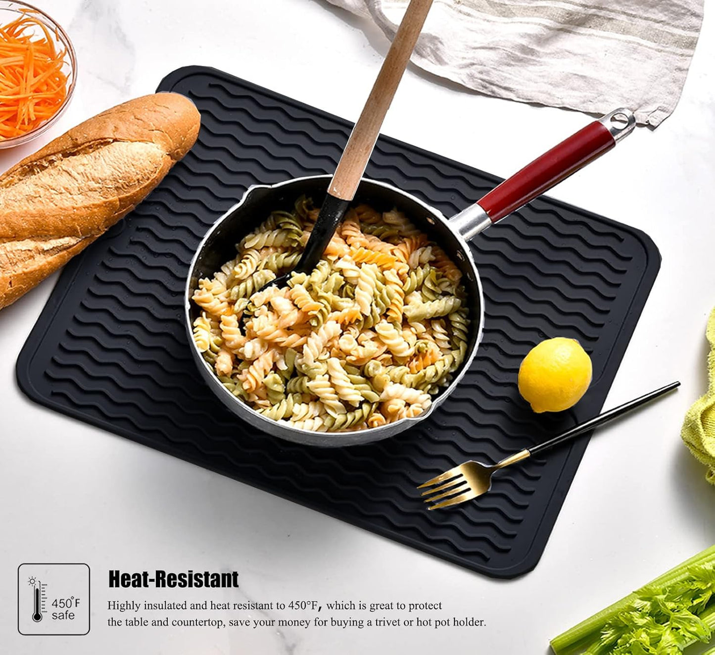 Silicone Dish Drying Mat, Non-Slip Easy Clean Sink Mat Large Heat-resistant Dish Drainer Mat for Kitchen Counter, Sink, Refrigerator or Drawer liner (12" x 6", BLACK)