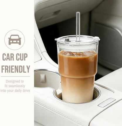 SoulTimes 20oz Glass Cups with Lids and Straws, Ribbed Glass Tumbler for Iced Coffee, Smoothie, Juice & Cold Drinks, Reusable Thick Glassware Set, Elegant Home & Travel Drinkware【2 Pack】