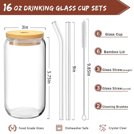 SENTVEND 16 Oz Drinking Glasses with Bamboo Lids and Glass Straw - 6 Pcs Glass Cups Beer Ice Coffee Glasses Cute Aesthetic Cup Great for Coffee Bar Accessories Include 2 Cleaning Brushes