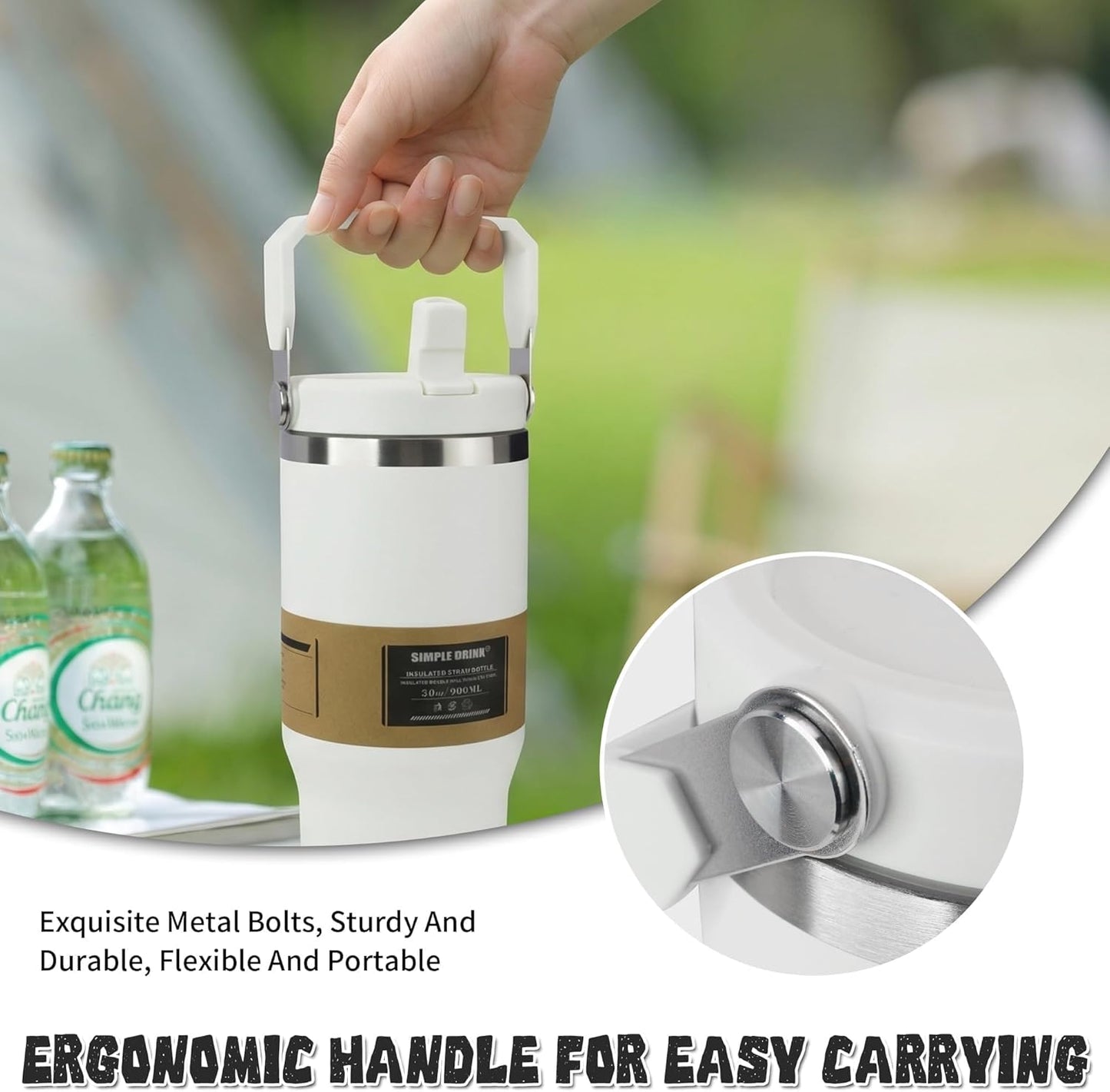 30oz Flip Straw Insulated Water Bottle with Handle, Leak Proof Stainless Steel Travel Tumbler With Lid, Double Wall Vacuum Iced Coffee Travel Mug, Sport Cup, Outside use