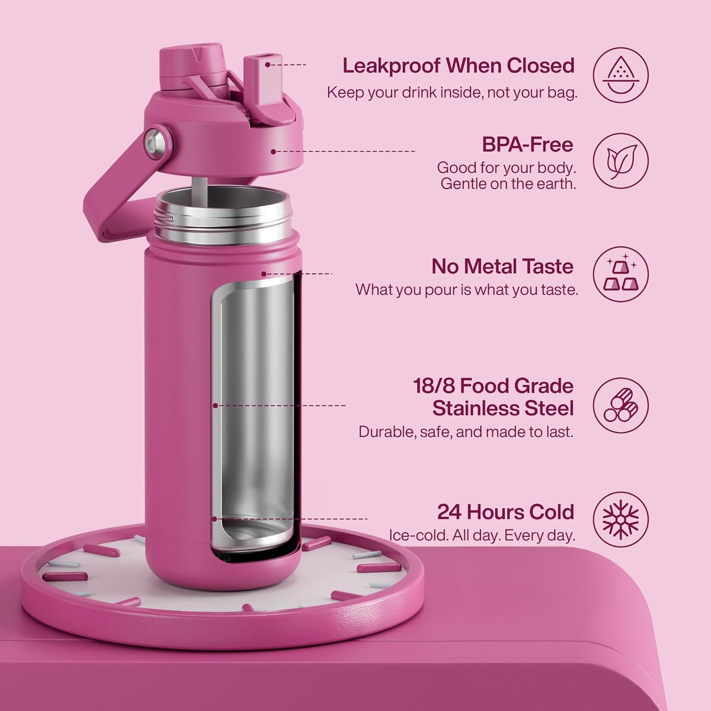 ENCOOL Insulated Water Bottle with Straw Stainless Steel Water Bottle, Leak-Proof, BPA-Free, Double Wall Vacuum Keeps Cold for 24 Hours for Sports, Travel, School (26 oz, Cotton Candy) - Colors C