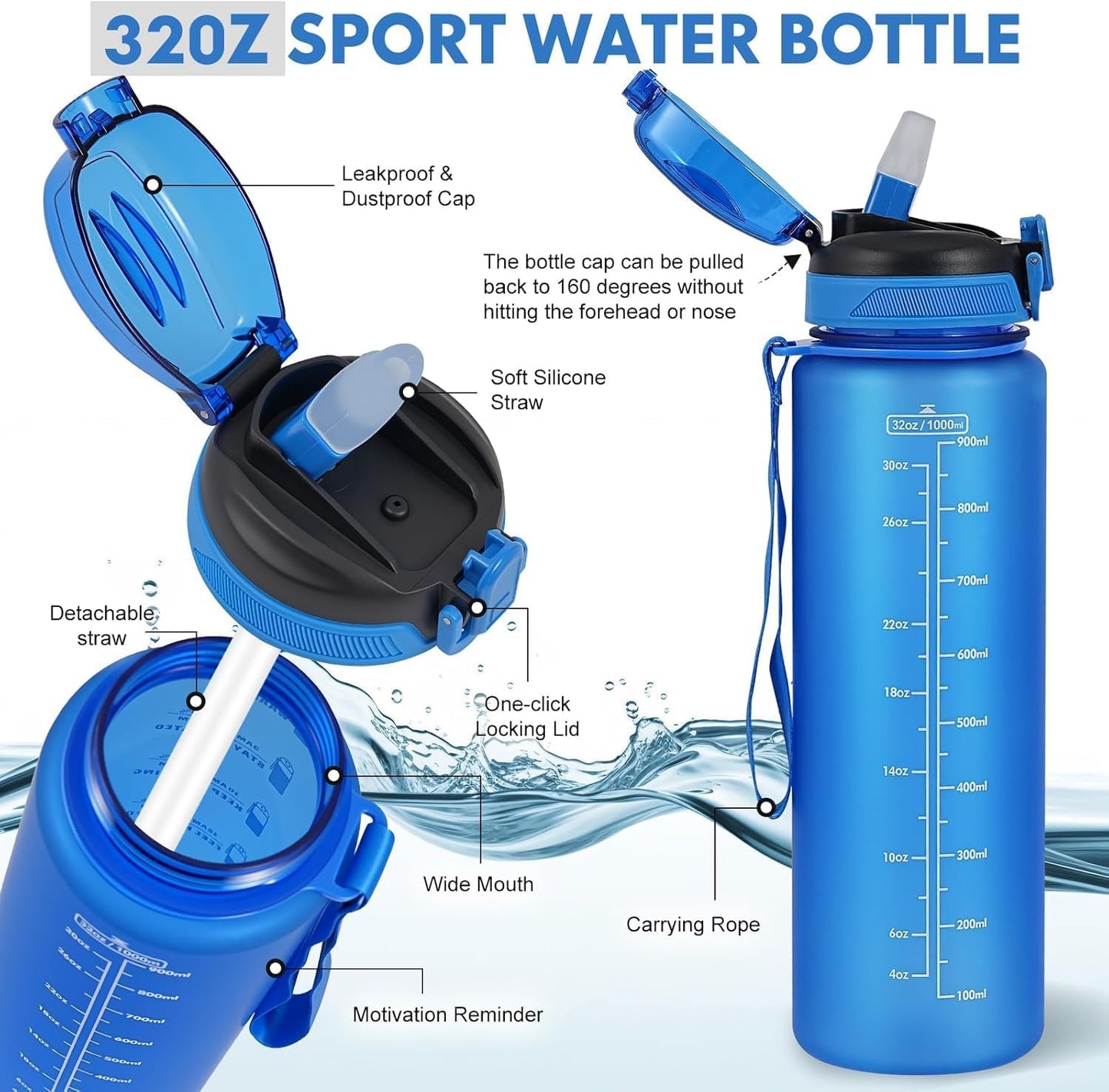 Water Bottle with Straw 1L,Boys Water Bottles with Straw 1 Litre,Waterbottle Leak-Proof Sports Water Bottle,Plastic Drinks Bottles Toxin Free，Bpa-Free (Cyan Black)