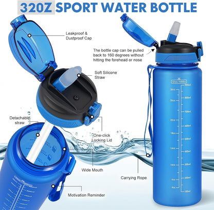 Water Bottle with Straw 1L,Boys Water Bottles with Straw 1 Litre,Waterbottle Leak-Proof Sports Water Bottle,Plastic Drinks Bottles Toxin Free，Bpa-Free (Cyan Black)