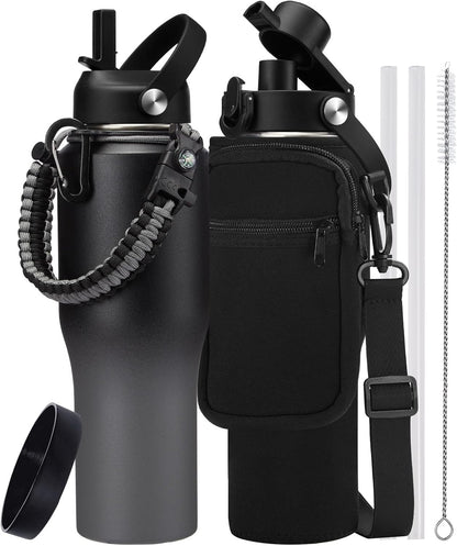 Insulated Water Bottle 40 oz - Fits in any Car Cup Holder, Keep Cold 48H Hot 24H, Stainless Steel Waterbottle Double Wall Flask with Straw, Pop-up Spout Lid, Paracord Handle, Carrier Bag