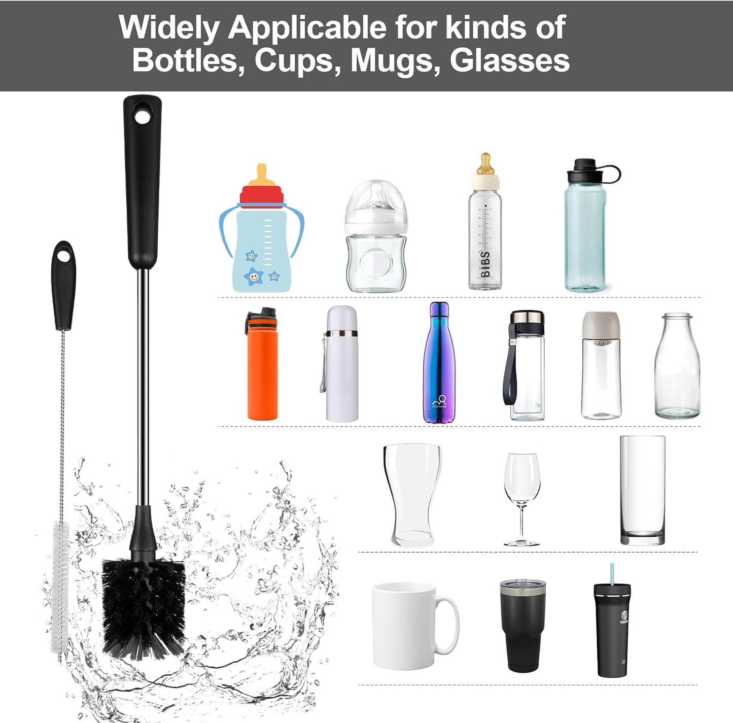 Water Bottle Brush, 15 Inches Long Stainless Steel Handle Bottle Brush Cleaner, Bottle Scrubber, Kitchen Scrub Cleaning Brushes for Cup, Wine Glasses, Coffee Mugs, Tumblers, Wine Decanters, Black