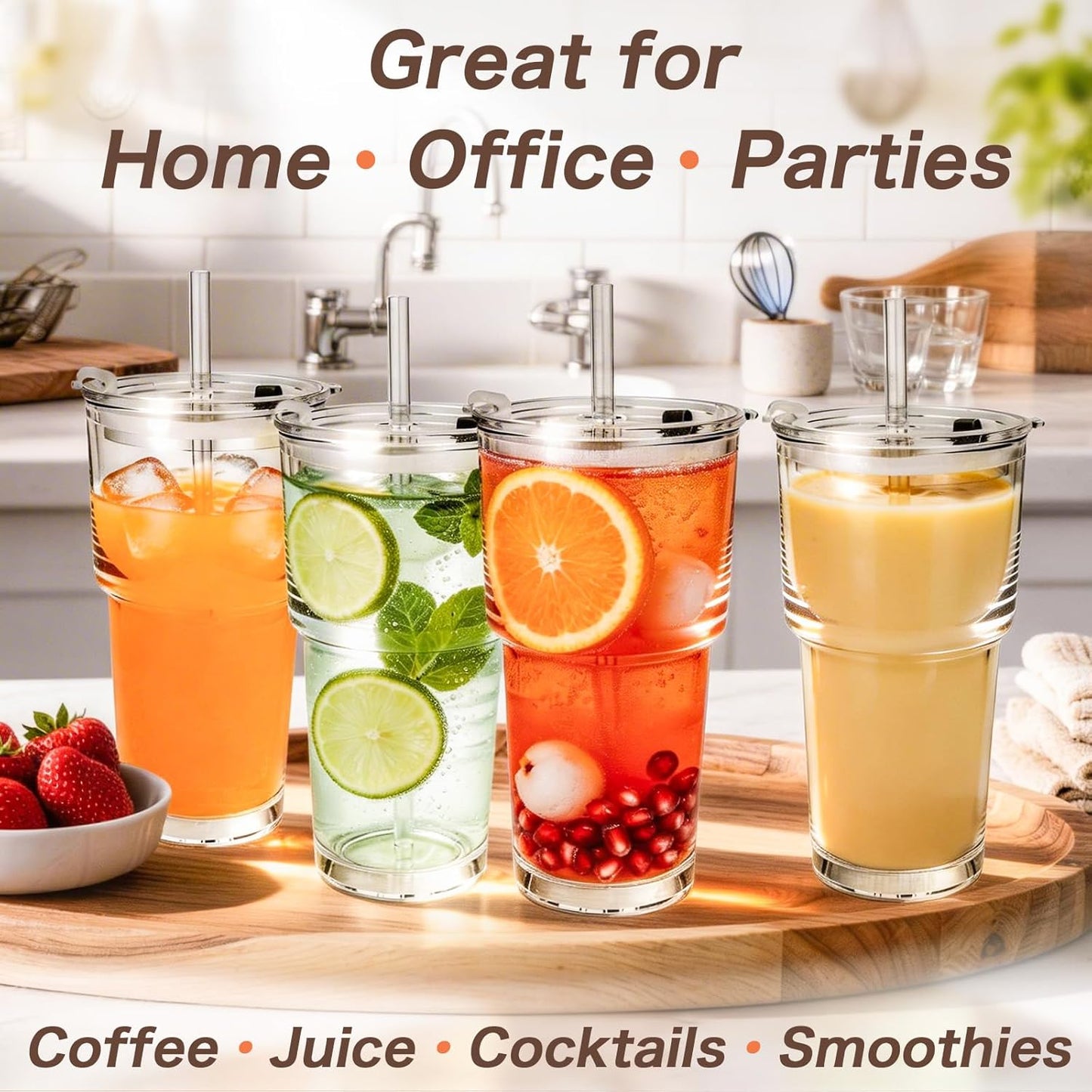 Clear Iced Coffee Cups with Lids - 4 Pack, 20oz Reusable Glass Cups with Lids and Straws, Drinking Tumblers for Cocktail Beer, Juice, Smoothie, Coffee Bar, Housewarming Gifts - Dishwasher Safe