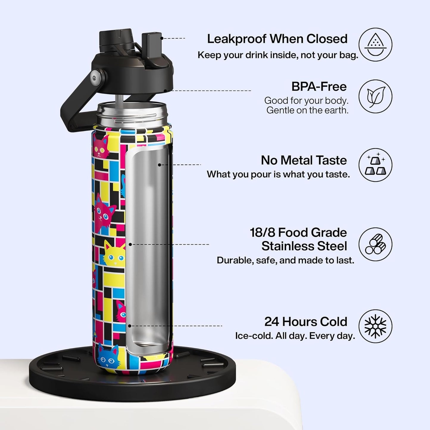 ENCOOL Insulated Water Bottle with Straw Stainless Steel Water Bottle, Leak-Proof, BPA-Free, Double Wall Vacuum Keeps Cold for 24 Hours for Sports, Travel, School (26 oz, Cotton Candy) - Colors B