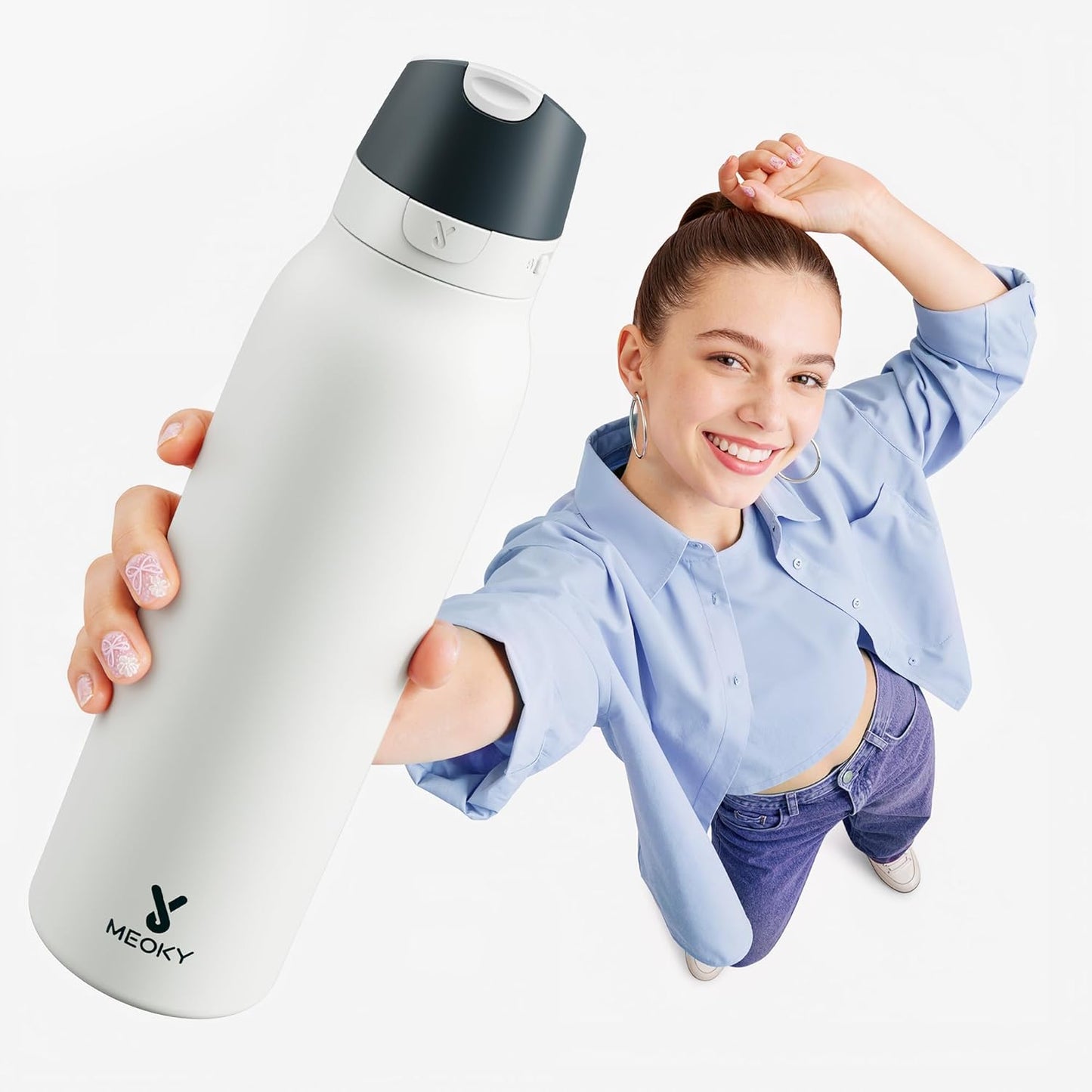 Meoky 24 oz Slim Insulated Water Bottle: Leak Proof Locking Lid, 2-in-1 Straw and Spout, 24 Hours Cold, Top Handle, BPA Free, Stainless Steel Water Bottle for Men Sports Travel Gym, Night