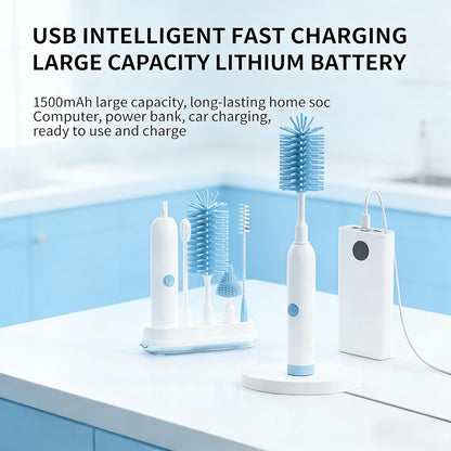 Rechargeable Electric Bottle Brush with Stand - 360° Spin Silicone Cleaner for Baby Bottles, Breast Pumps & Small Household Containers (Sea Blue)