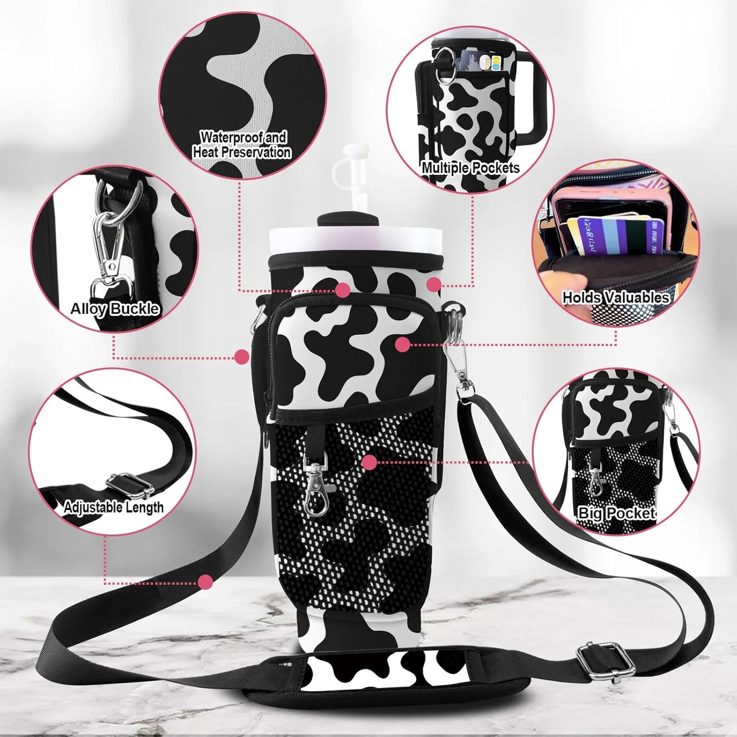 Stanley Carrier Bag for Stanley 40oz/30ozTumbler with Phone with 2 Adjustable Strap,3 Pockets Bottle Stanley Cup Carrier Bag & Case,Accessories for Hiking Travelling