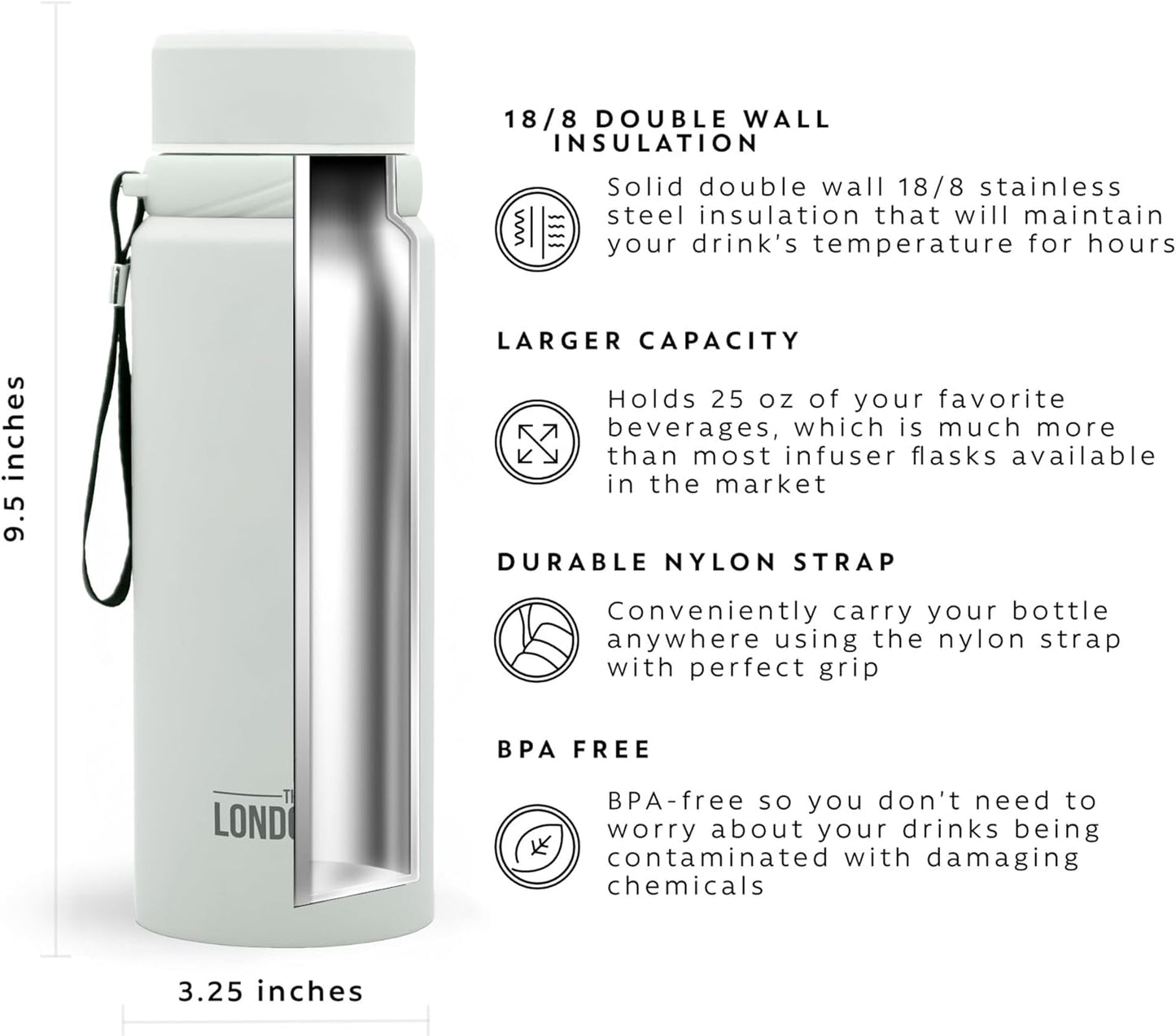 London Sip 25 oz Multi-Function Travel Mug and Tumbler Tea Infuser Water Bottle Fruit Infuser Flask Hot and Cold Double Wall Stainless Steel Coffee Thermos, Cosmic Silver