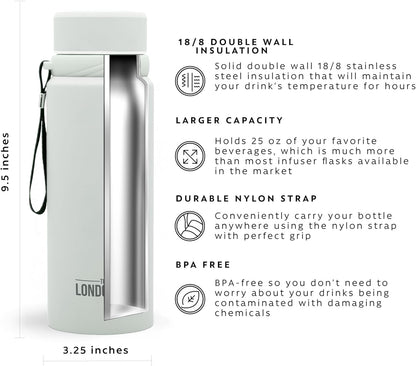 London Sip 25 oz Multi-Function Travel Mug and Tumbler Tea Infuser Water Bottle Fruit Infuser Flask Hot and Cold Double Wall Stainless Steel Coffee Thermos, Cosmic Silver