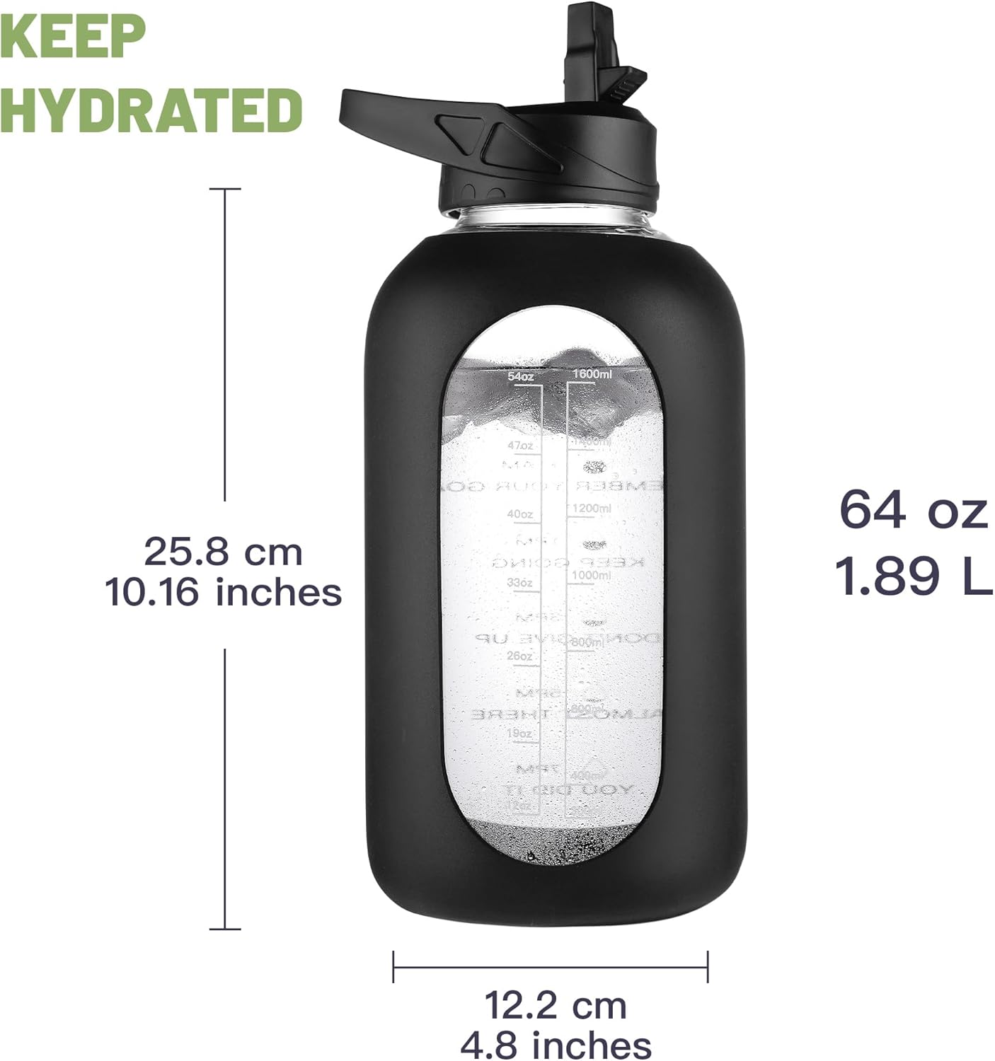 CIVAGO 32 oz Glass Water Bottle with Straw and Insulated Bottle Holder Sling, Motivational Water jug with Time Marker and Silicone Sleeve, Large Sport Water Flask with 2 Lids, Black