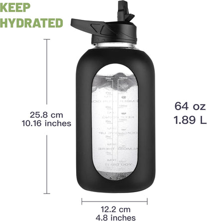 CIVAGO 32 oz Glass Water Bottle with Straw and Insulated Bottle Holder Sling, Motivational Water jug with Time Marker and Silicone Sleeve, Large Sport Water Flask with 2 Lids, Black