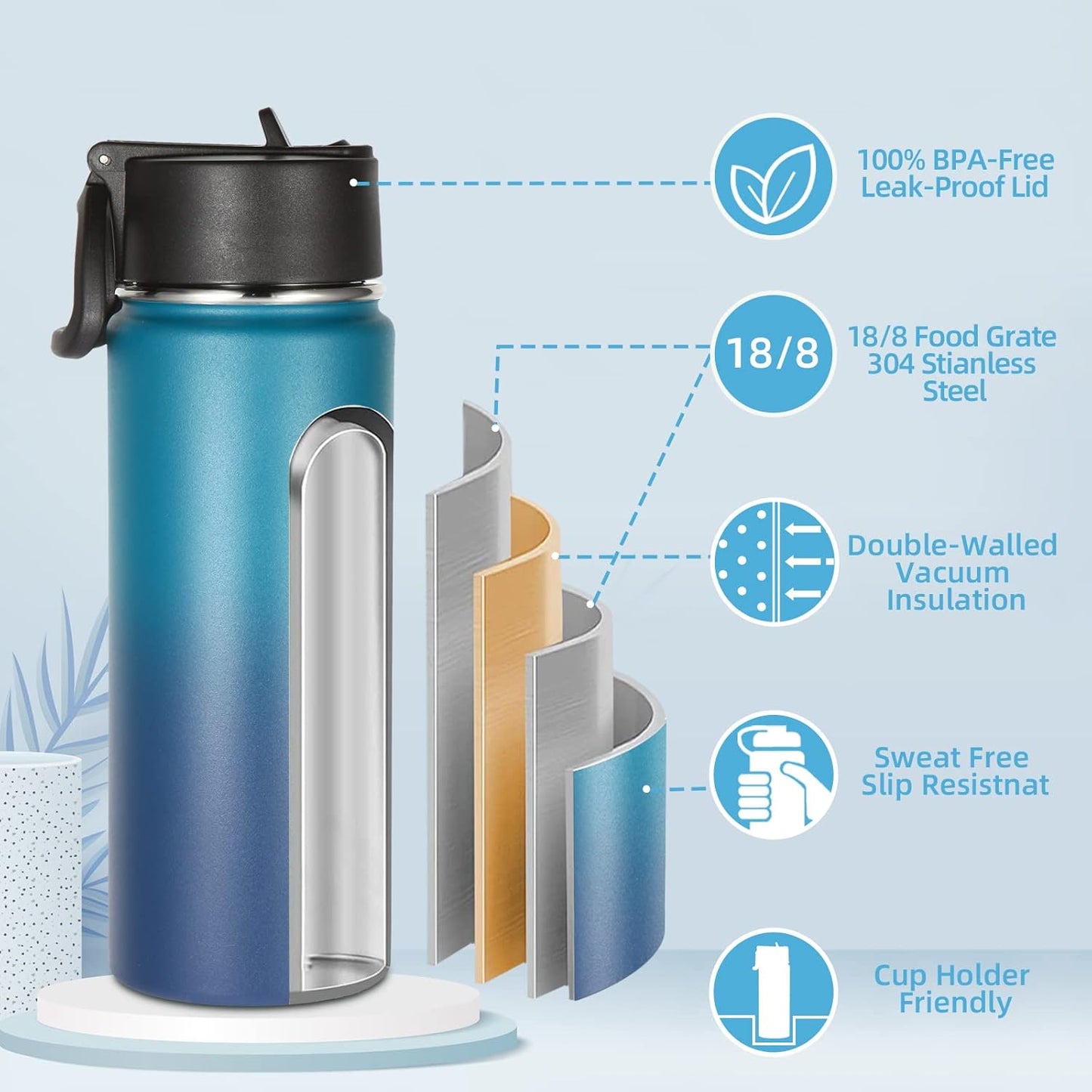 Volhoply 16 OZ Kids Water Bottle Bulk 8 Pack,Insulated Sports Bottles with Straw Lid,Stainless Steel Bottle with Handle Keep Cold & Hot,Double Wall Vacuum Tumbler Cups for School(Eight Color, 8)