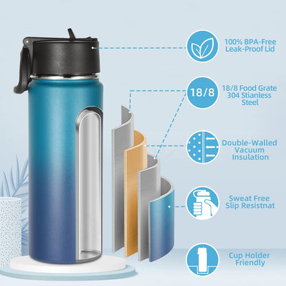 Volhoply 16 OZ Kids Water Bottle Bulk 8 Pack,Insulated Sports Bottles with Straw Lid,Stainless Steel Bottle with Handle Keep Cold & Hot,Double Wall Vacuum Tumbler Cups for School(Eight Color, 8)
