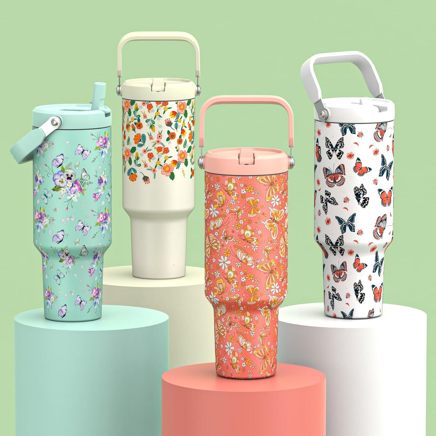 40 oz Insulated Tumbler with Top Handle and Flip Straw, Vacuum Insulated Stainless Steel Cup with Leak-Proof Lid, Sweat-Free, Fits Cup Holder, Keeps Ice Cold up to 30 Hours