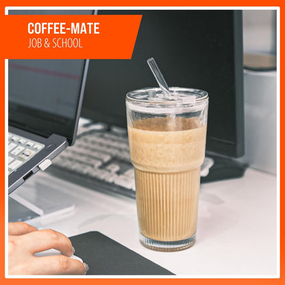 SUROQUE 20oz Ribbed Glass Tumblers with Lids & Straws, Ideal for Iced Coffee, Cocktails & More - Includes Cleaning Brush