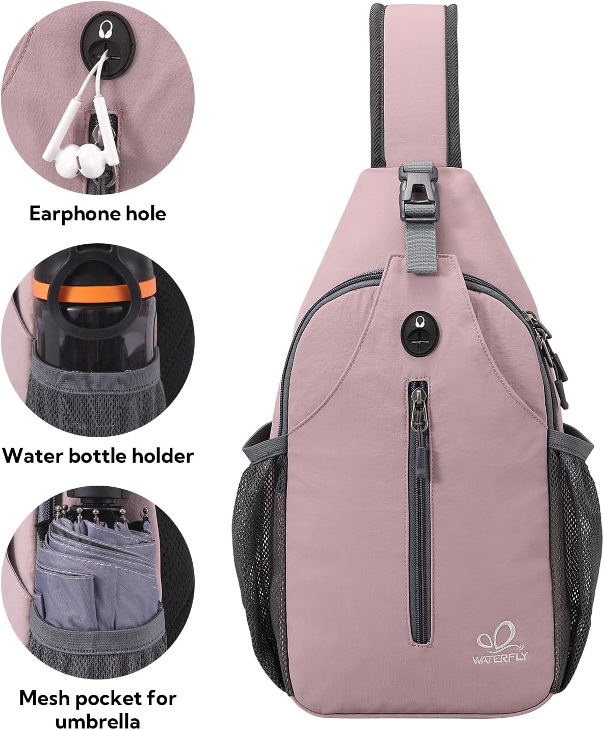 WATERFLY Crossbody Sling Backpack Sling Bag Travel Hiking Chest Bag Daypack (Black)