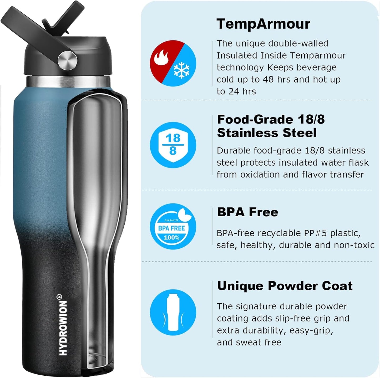 HYDROWION 32oz Stainless Steel Water Bottle(Cold for 48 Hrs, Hot for 24 Hrs),Double Wall Vacuum Insulated Water Bottle with Straw Lid, Spout Lid and Flex Cap, Fit in Any Car Cup Holder,Black